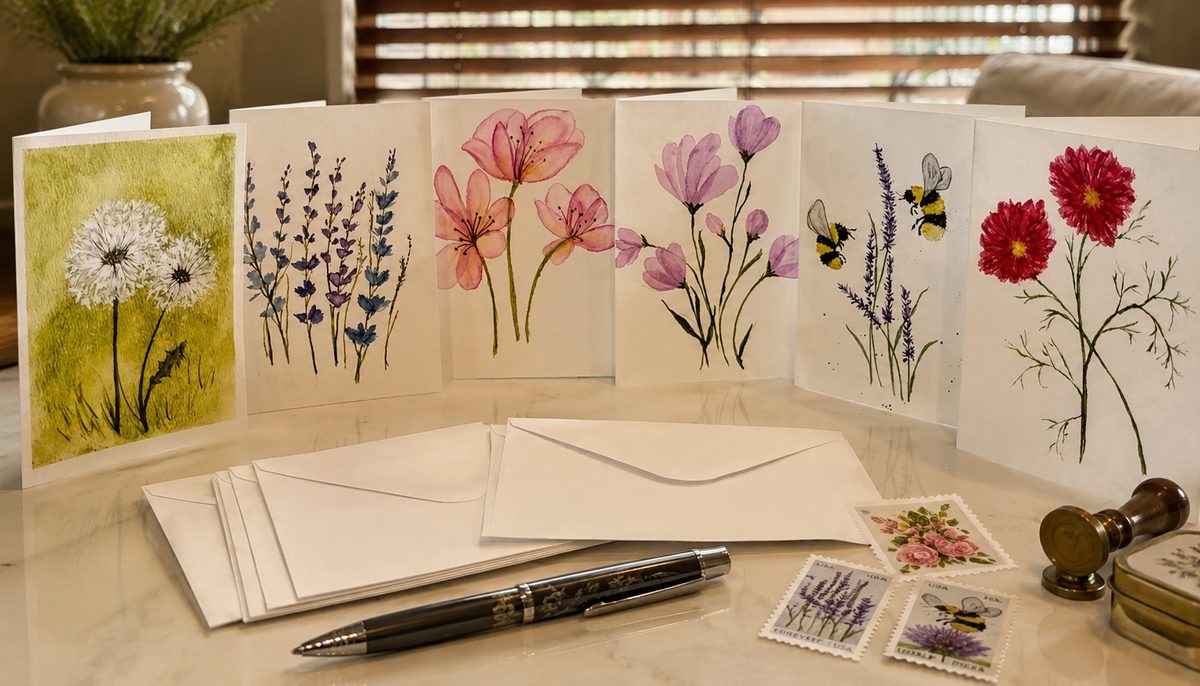 Set of hand-painted watercolor greeting cards with envelopes