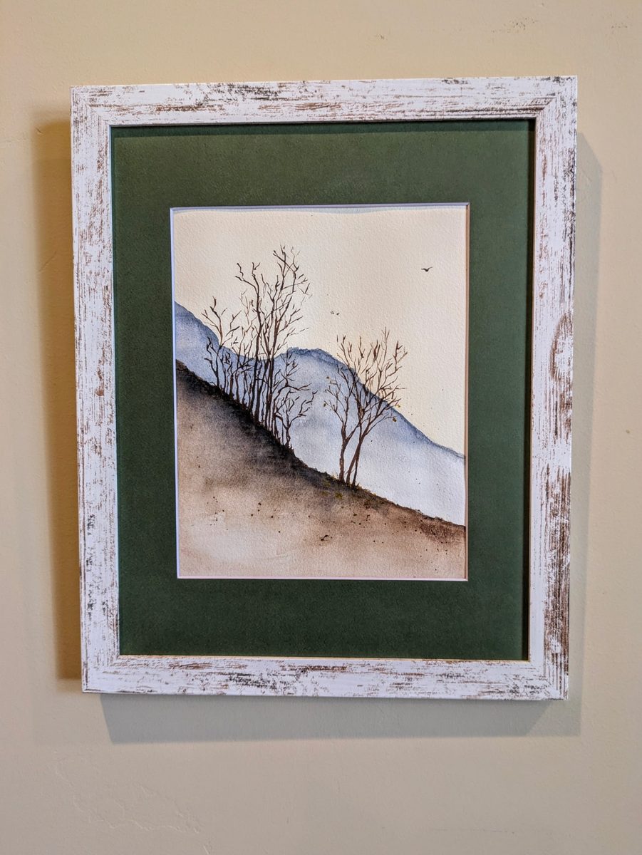 Fall Day — framed watercolor of bare trees on a hillside