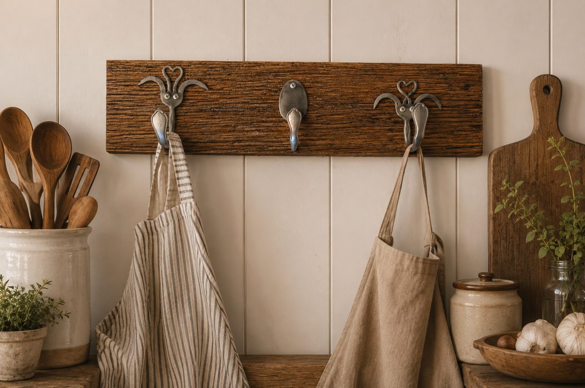 Rustic 3-hook spoon and fork hanger on dark reclaimed barnwood