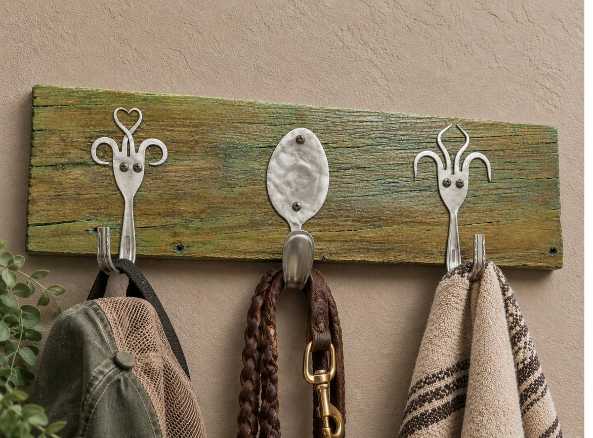 Rustic 3-hook hanger on green barnwood