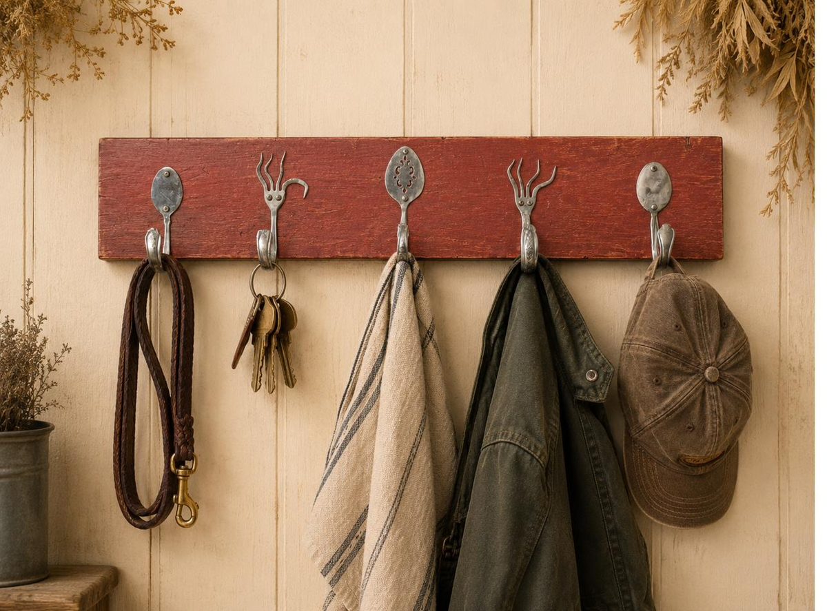 Rustic 5-hook spoon and fork hanger — available in red, light blue, or dark blue