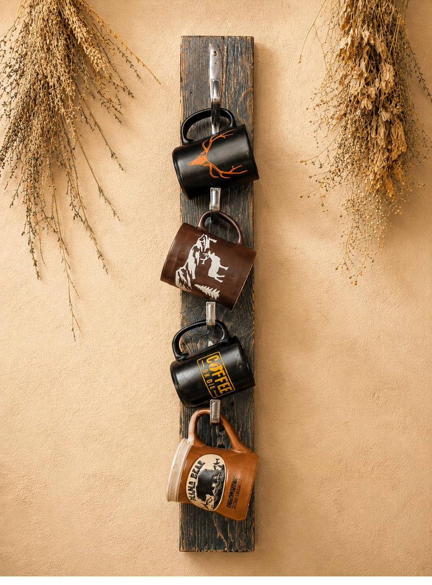 Vertical rustic coffee mug holder with four vintage butter knife hooks holding mugs