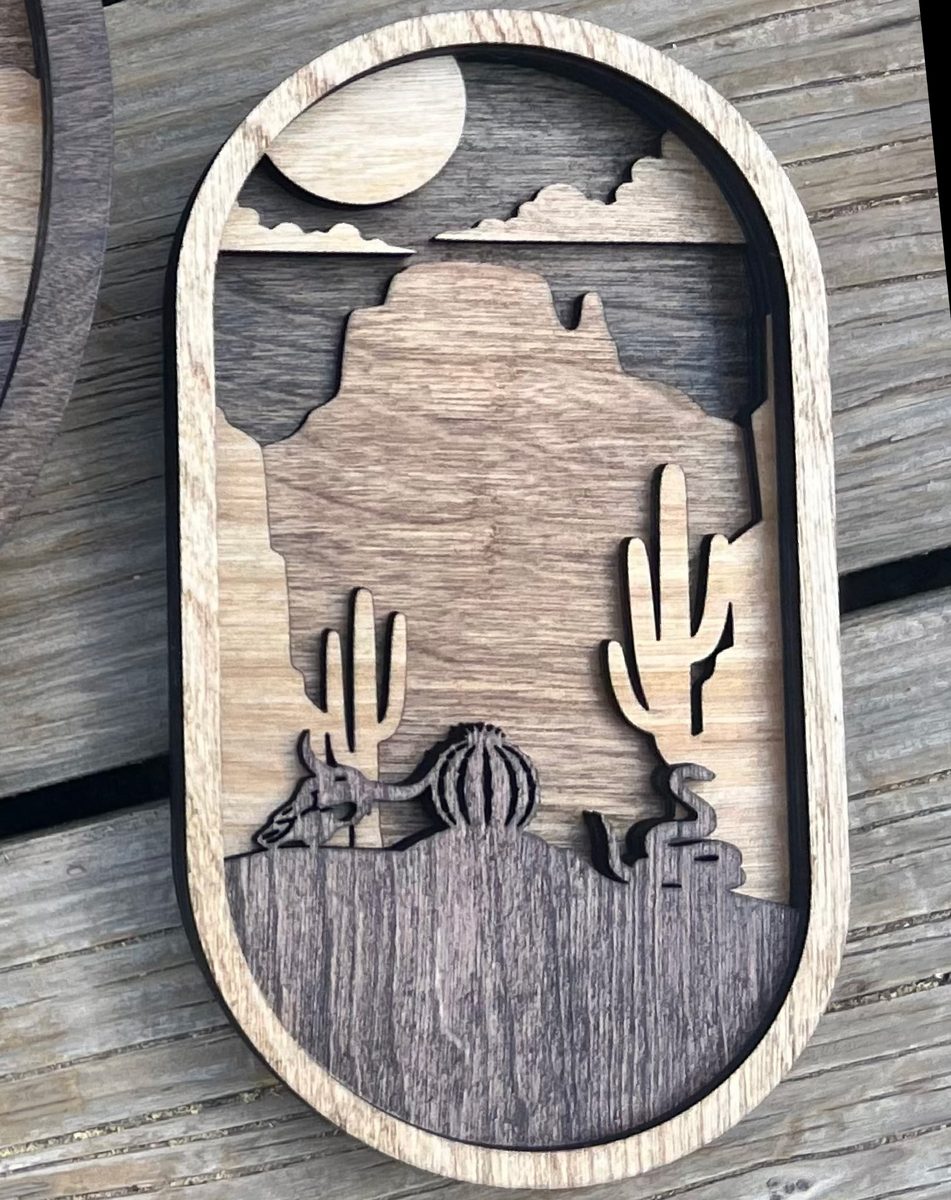 Oval Cactus — layered wood desert scene