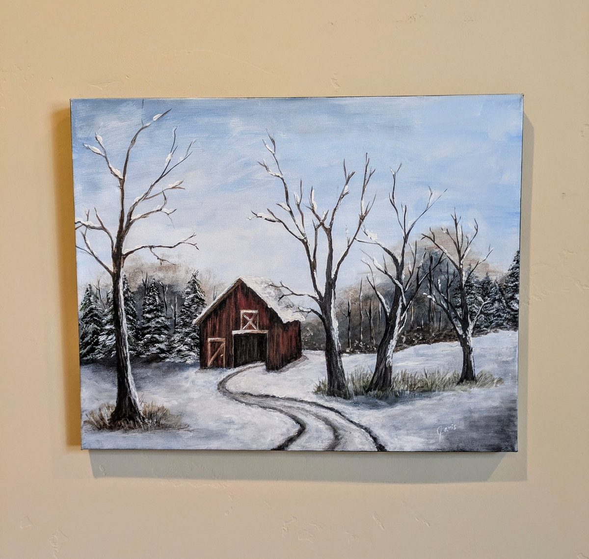 Silent Winter Morning — original acrylic painting of a red barn in snow
