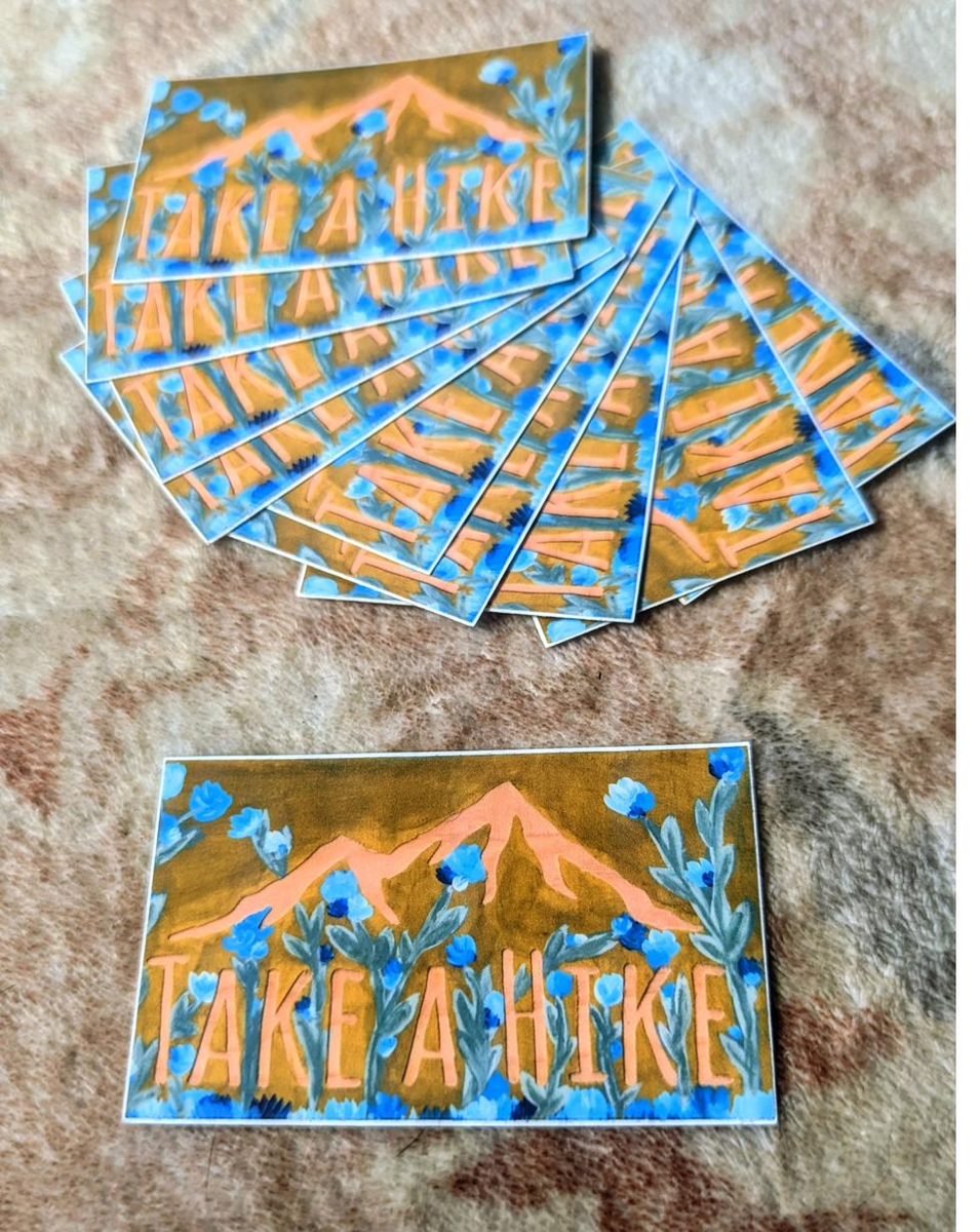 Hand painted Take a Hike stickers with mountain and blue flowers