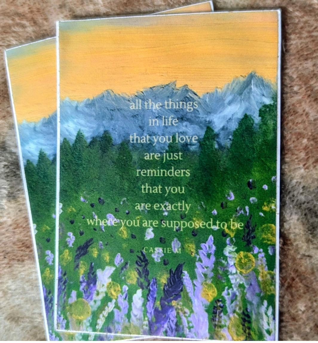Hand painted poem sticker with mountain meadow