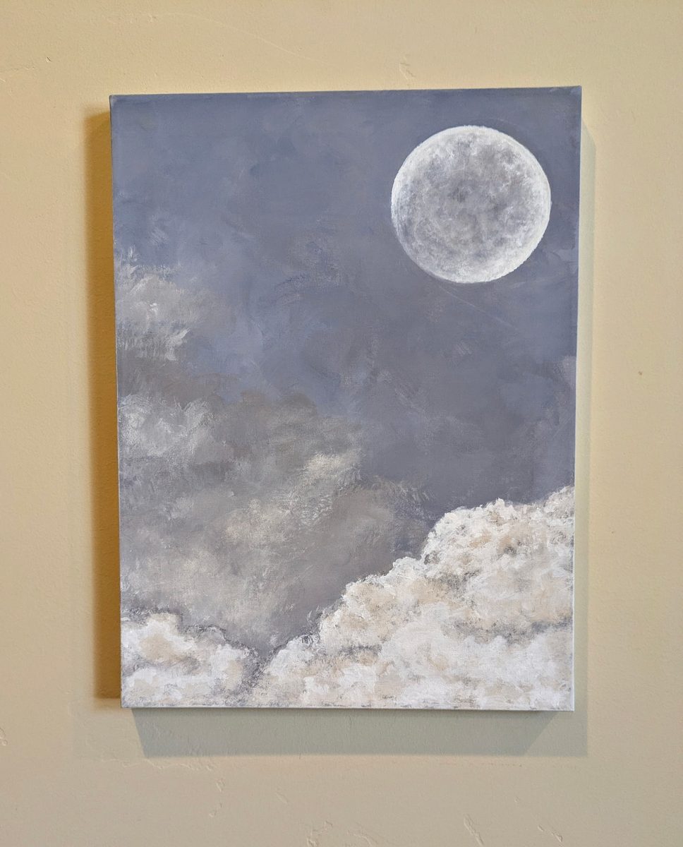 Strawberry Moon — original acrylic painting of a full moon over soft clouds